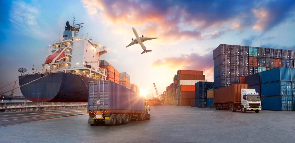Container truck in ship port for business Logistics and transport