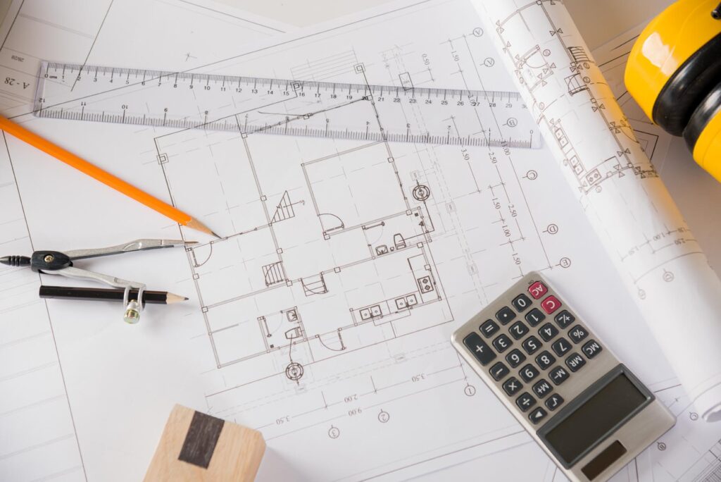 Architectural project workplace. Top view of house plan